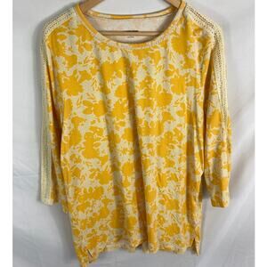 Lands End Floral Print 3/4 Sleeve Yellow Crochet Detail Blouse Size XL
